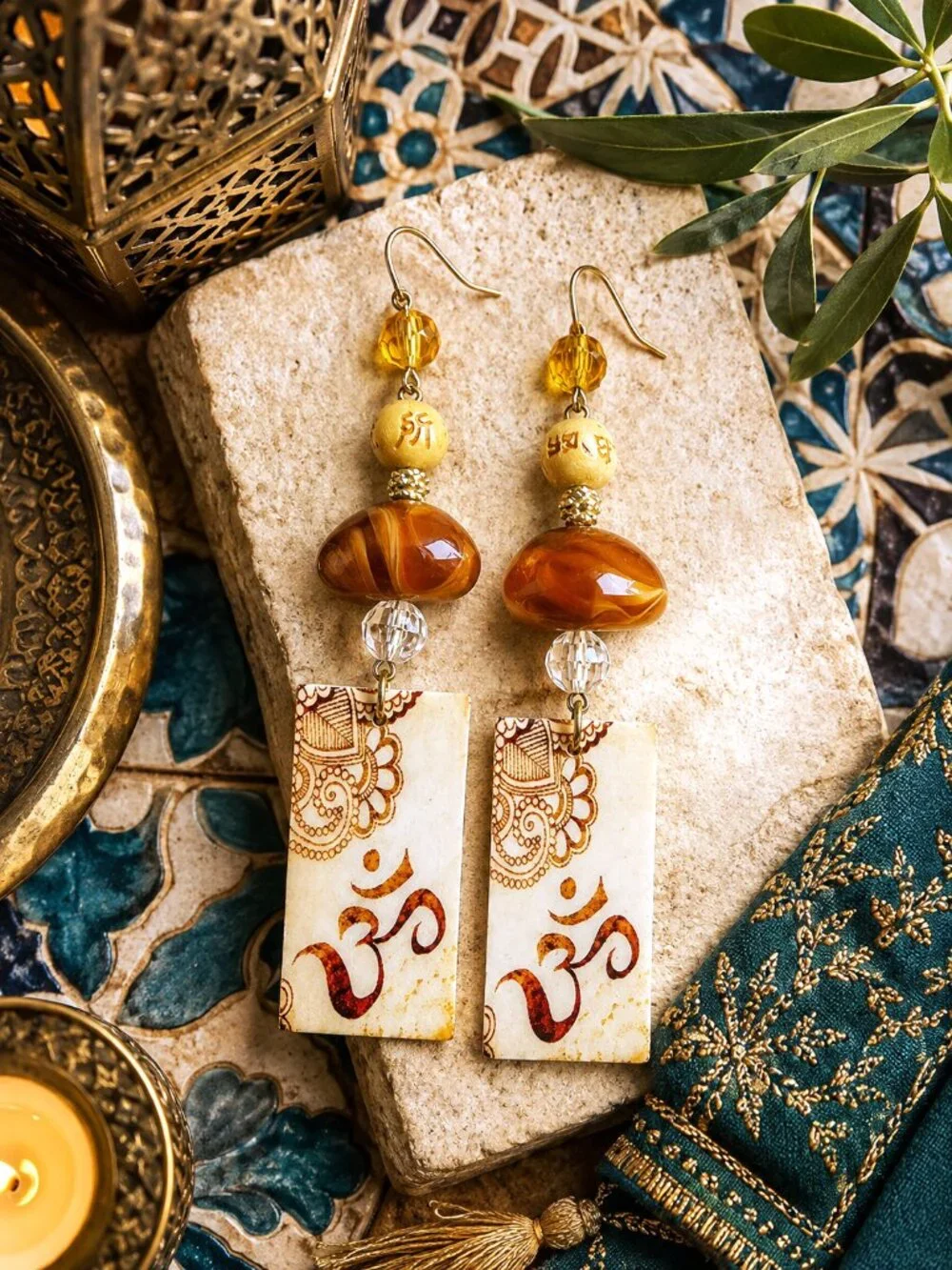 Artisan Hand Crafted Om Aum Symbol Earrings Amber Tan Brown Beaded Yoga Zen
